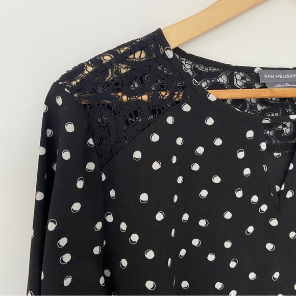 VAN HEUSEN BLACK AND WHITE POLKA DOT BLOUSE WITH PEEKABOO VNECK AND LACE YOKE, L - Picture 5 of 11